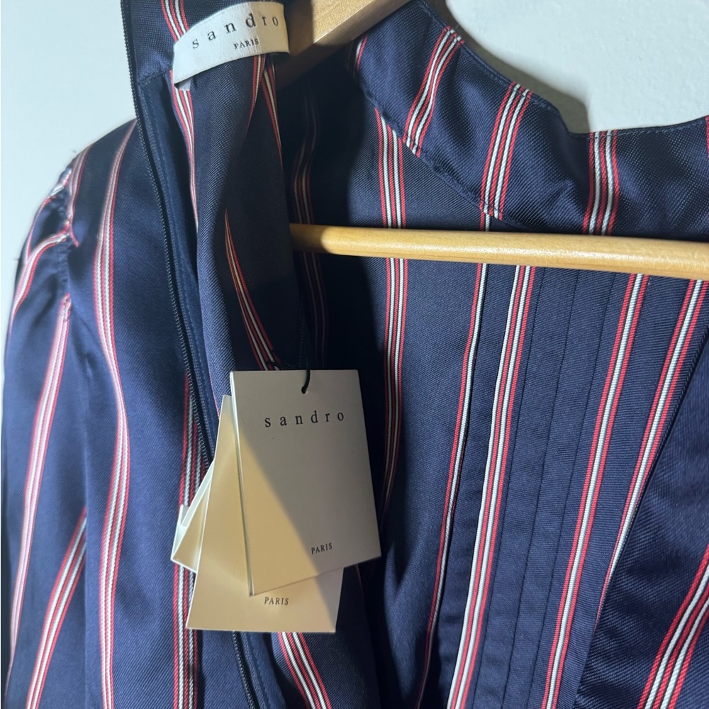 NWT Sandro Respect Navy/White/Red Striped Puff-Sleeve Women’s Mini Dress 40/8 - Picture 11 of 13